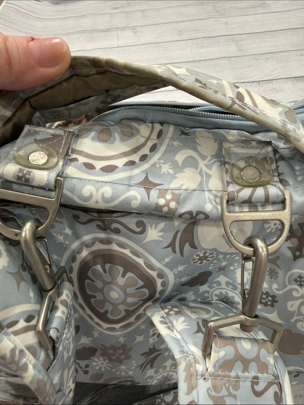 Ju-Ju-Be Light Blue Taupe Floral Diaper Bag Backpack with Changing Pad